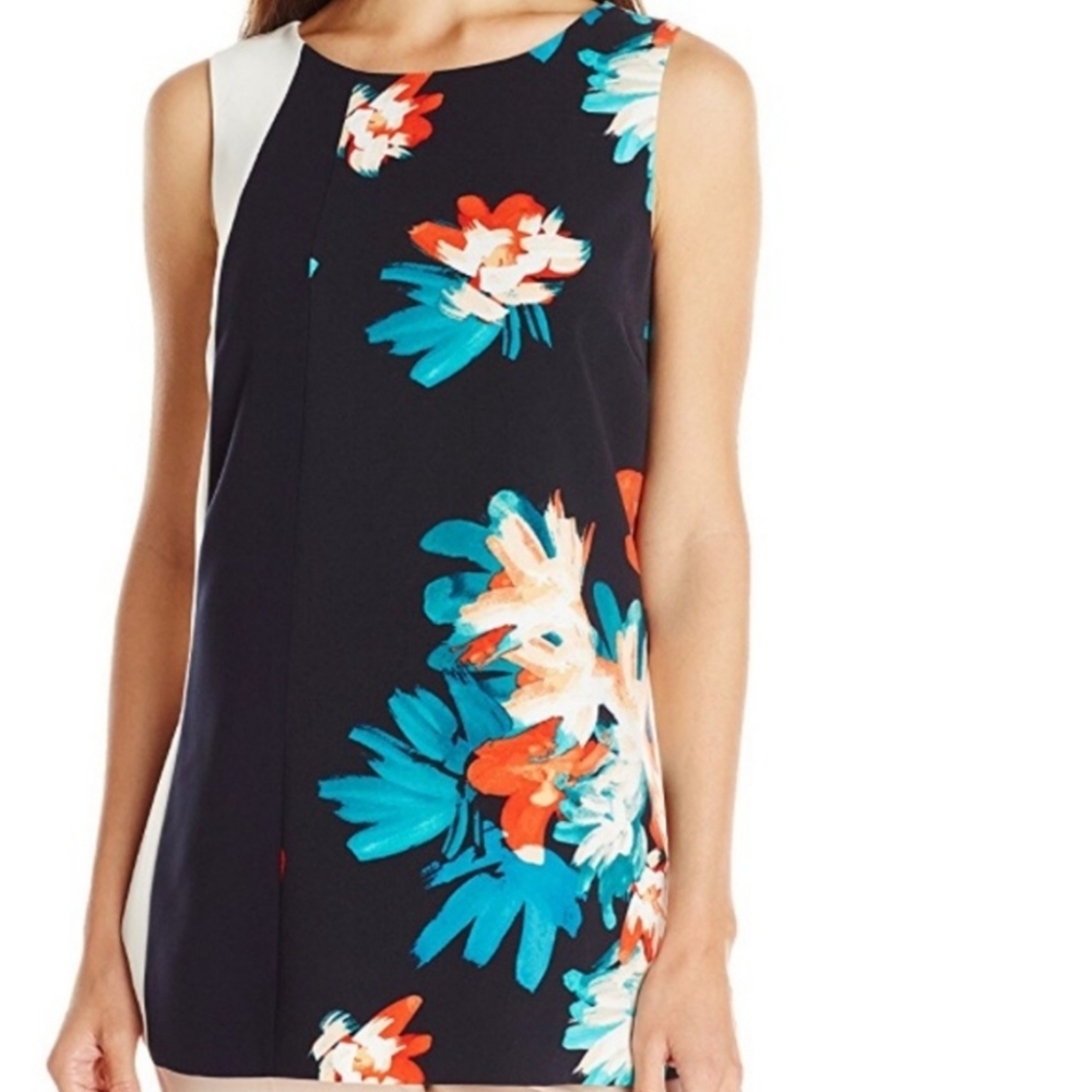 Ellen Tracy Sleeveless Floral Color Block Tunic Top Side Slits Size Large